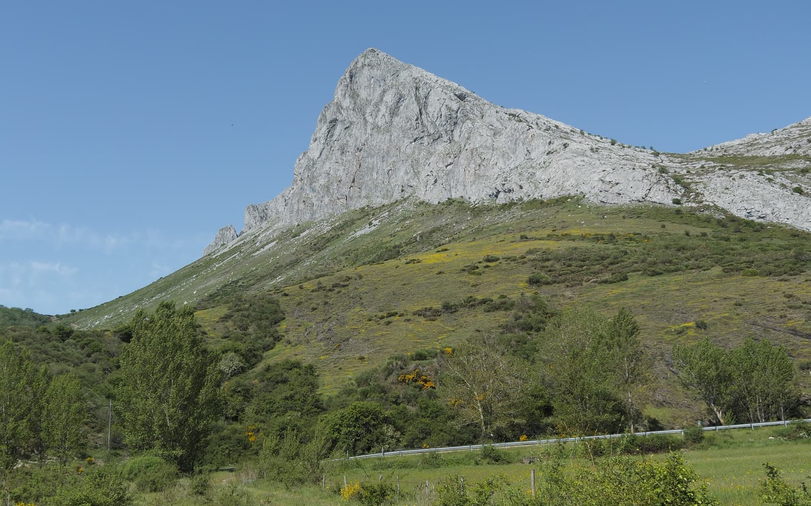 Pico y sendero entre prados, montañas de León