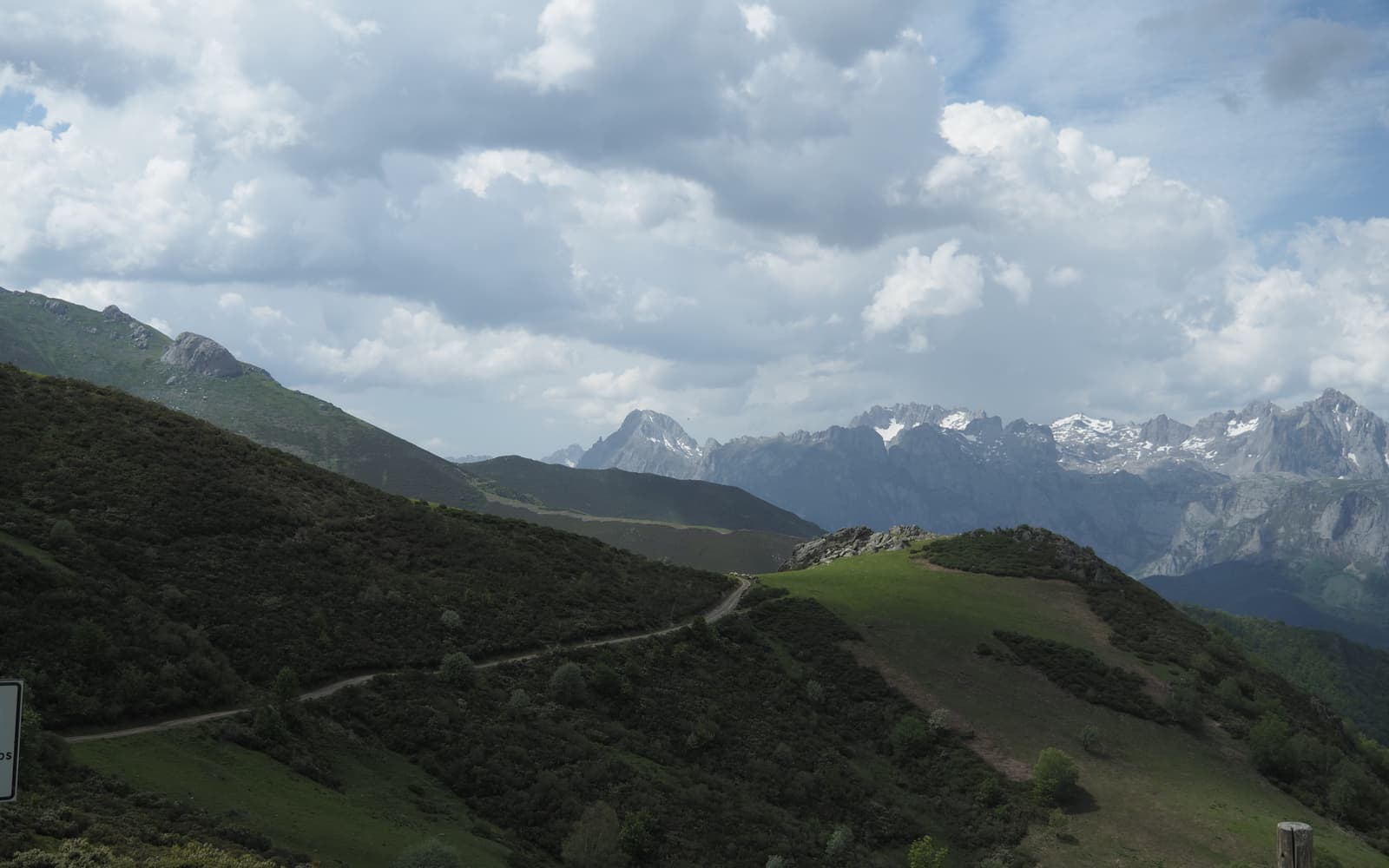 Cordal verde con sendero ante los Picos de Europa